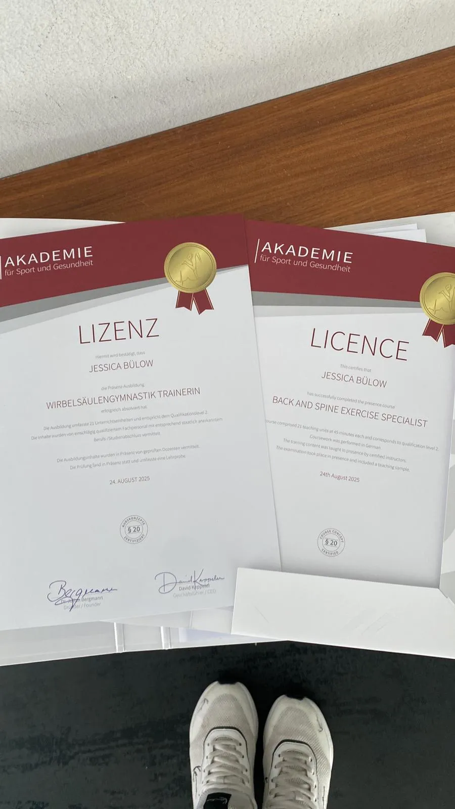 Licence: Back and Spine Exercise Specialist, issued by Akademie für Sport und Gesundheit on 24 August 2025